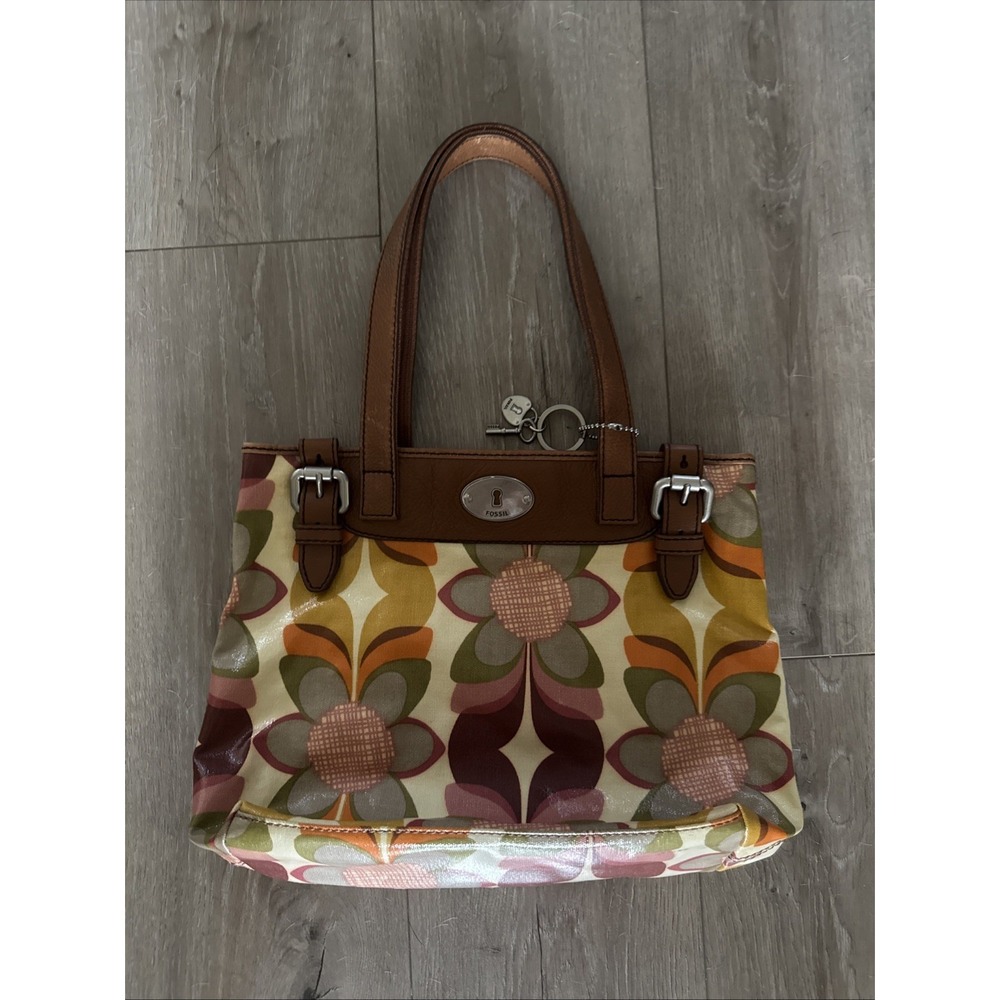 FOSSIL Key-Per Ivory Floral Multi Coated Canvas Shoulder Bag Purse Tote